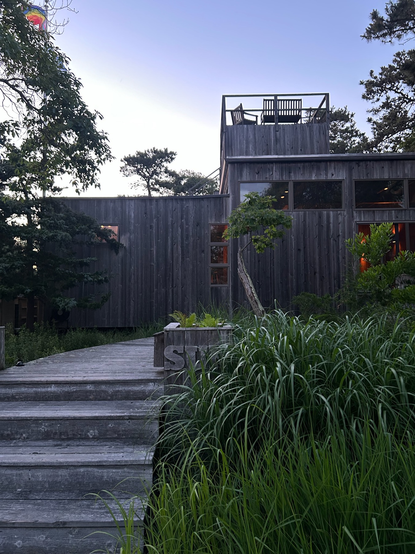 Exterior at dusk, Sun Walk entrance